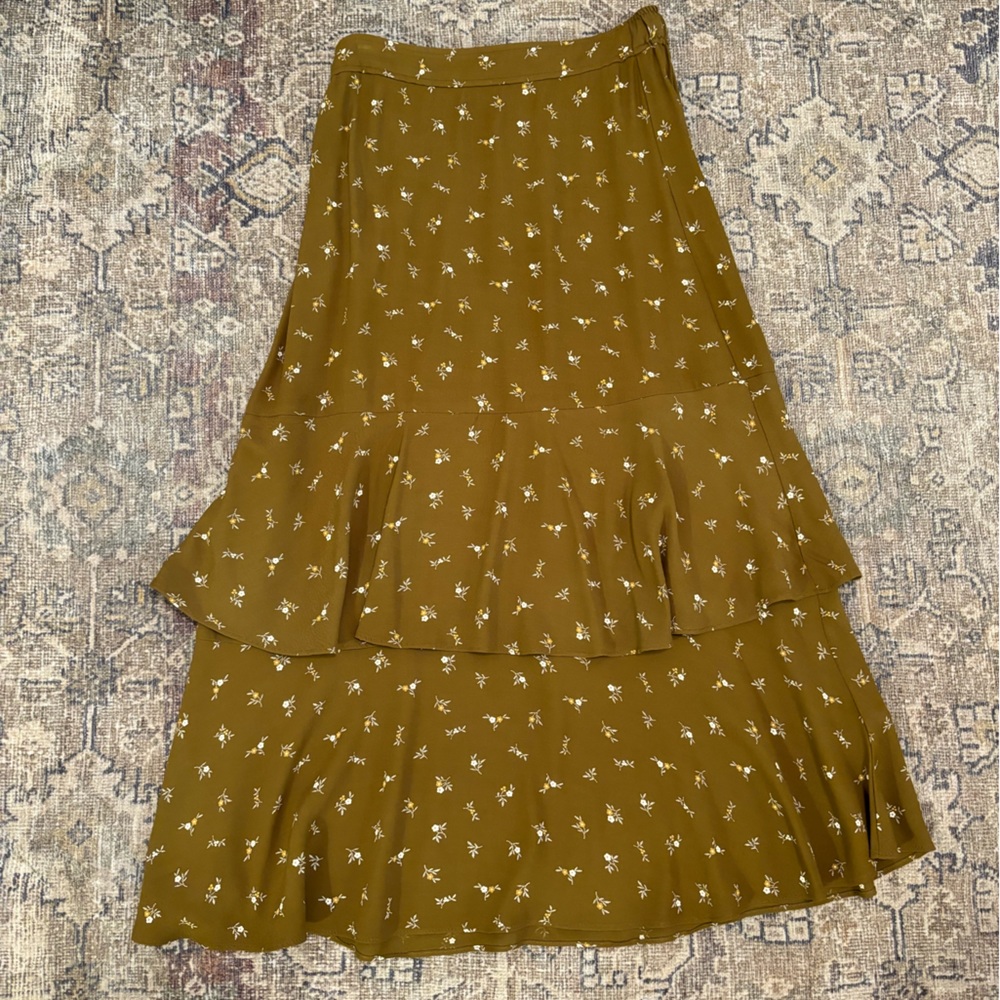 Madewell Olive Green Floral Tiered Midi Skirt
